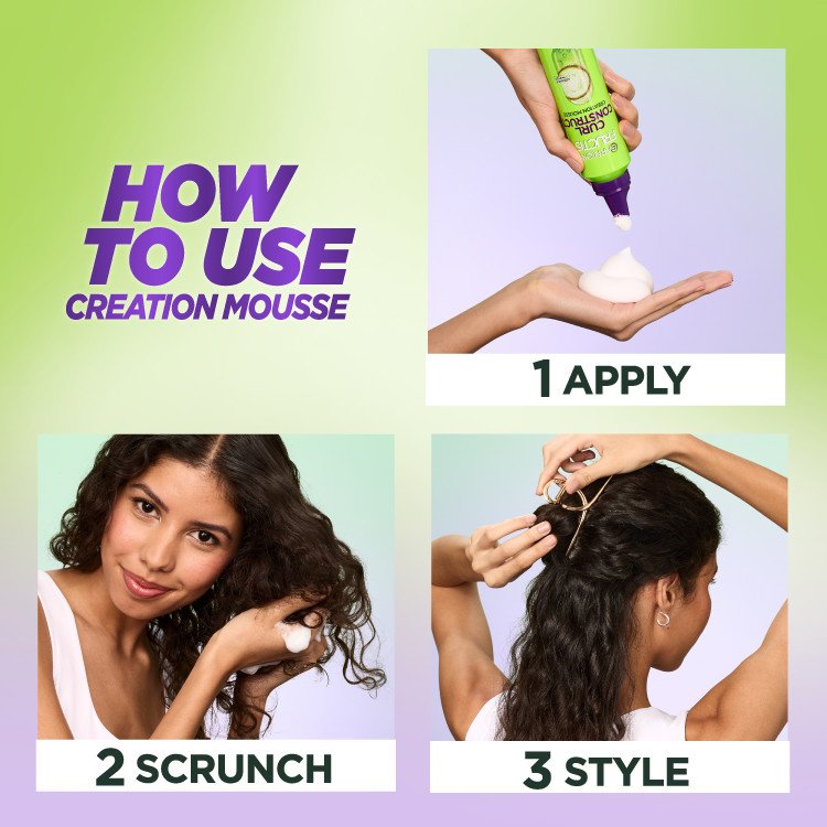How to use Garnier Fructis Creation Mousse: apply, scrunch, style.